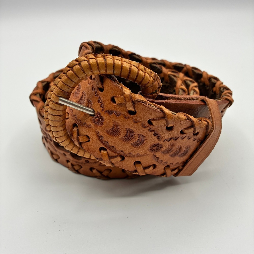 Vintage Hand Tooled Leather Belt Mens 38 Tan Whipstitch Western Boho Cutout